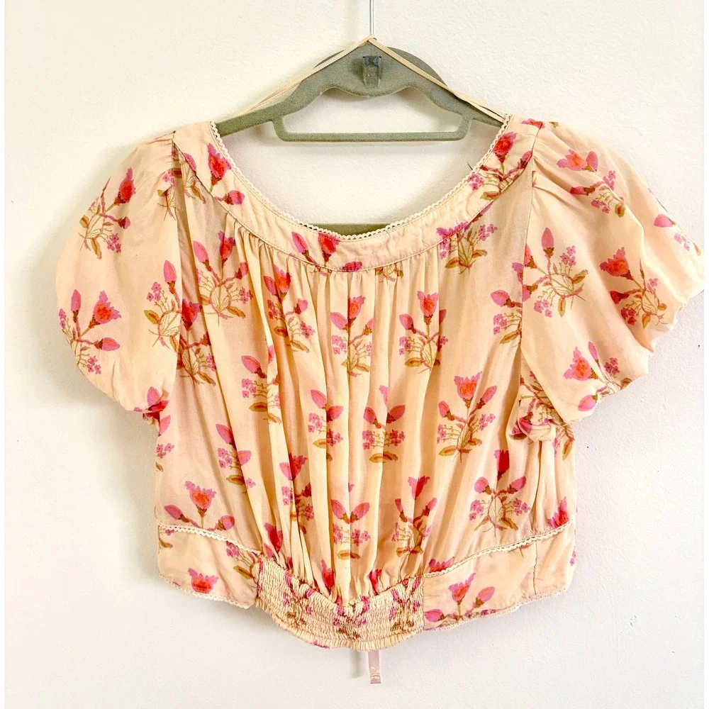 Free People Easy to Love Matching Set Cream Pink Floral Crop Top Skirt Medium